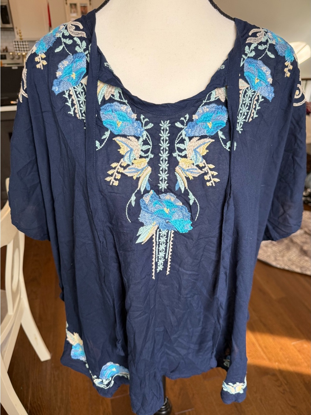 Reba Navy Soft Top with Blue Floral Embroidery Size M Made in India